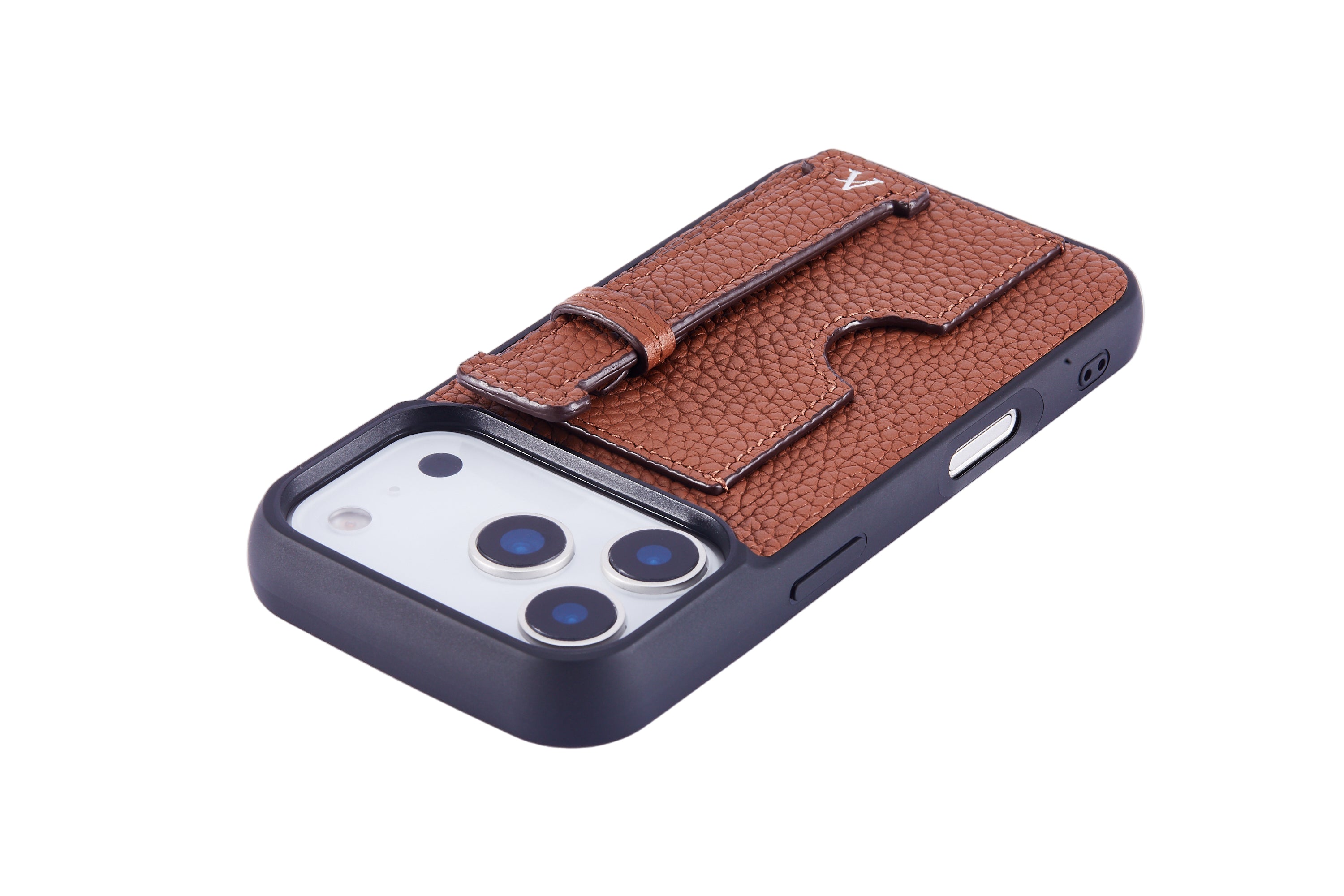 Phone case with brown leather strap on a white background