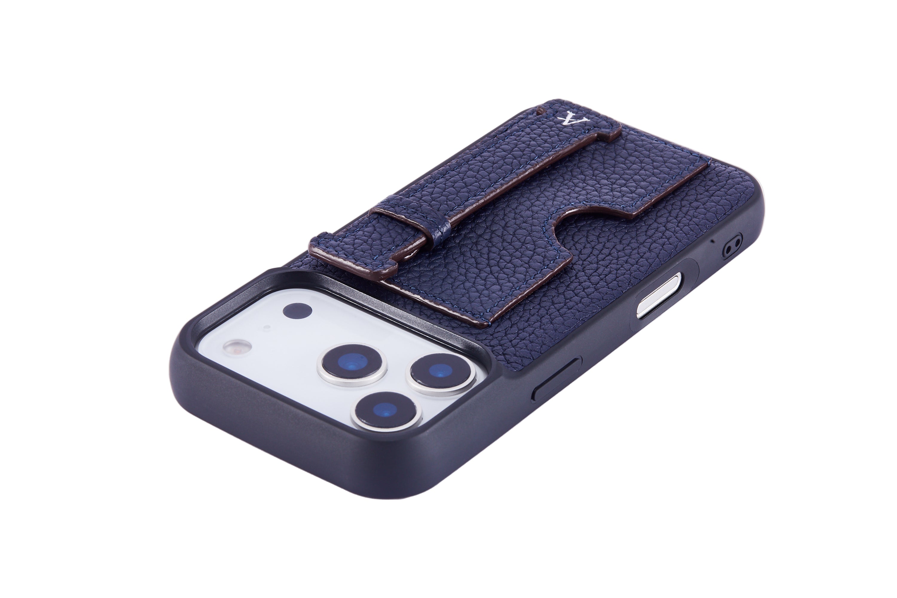 Navy blue phone case with a strap on a white background