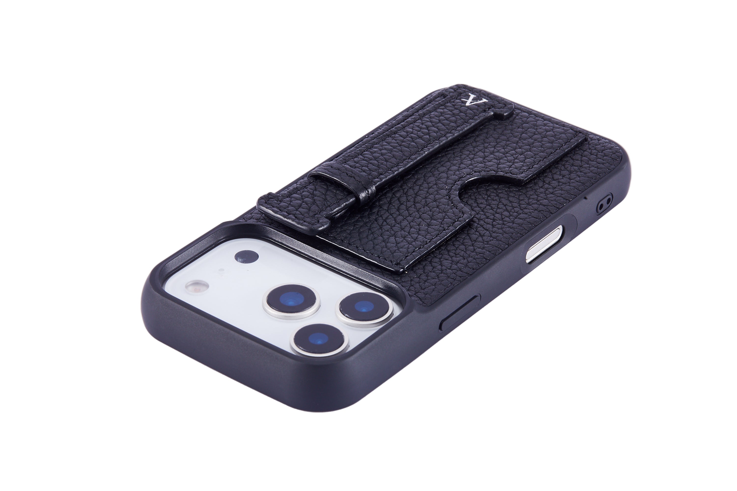 Black phone case with a strap on a white background