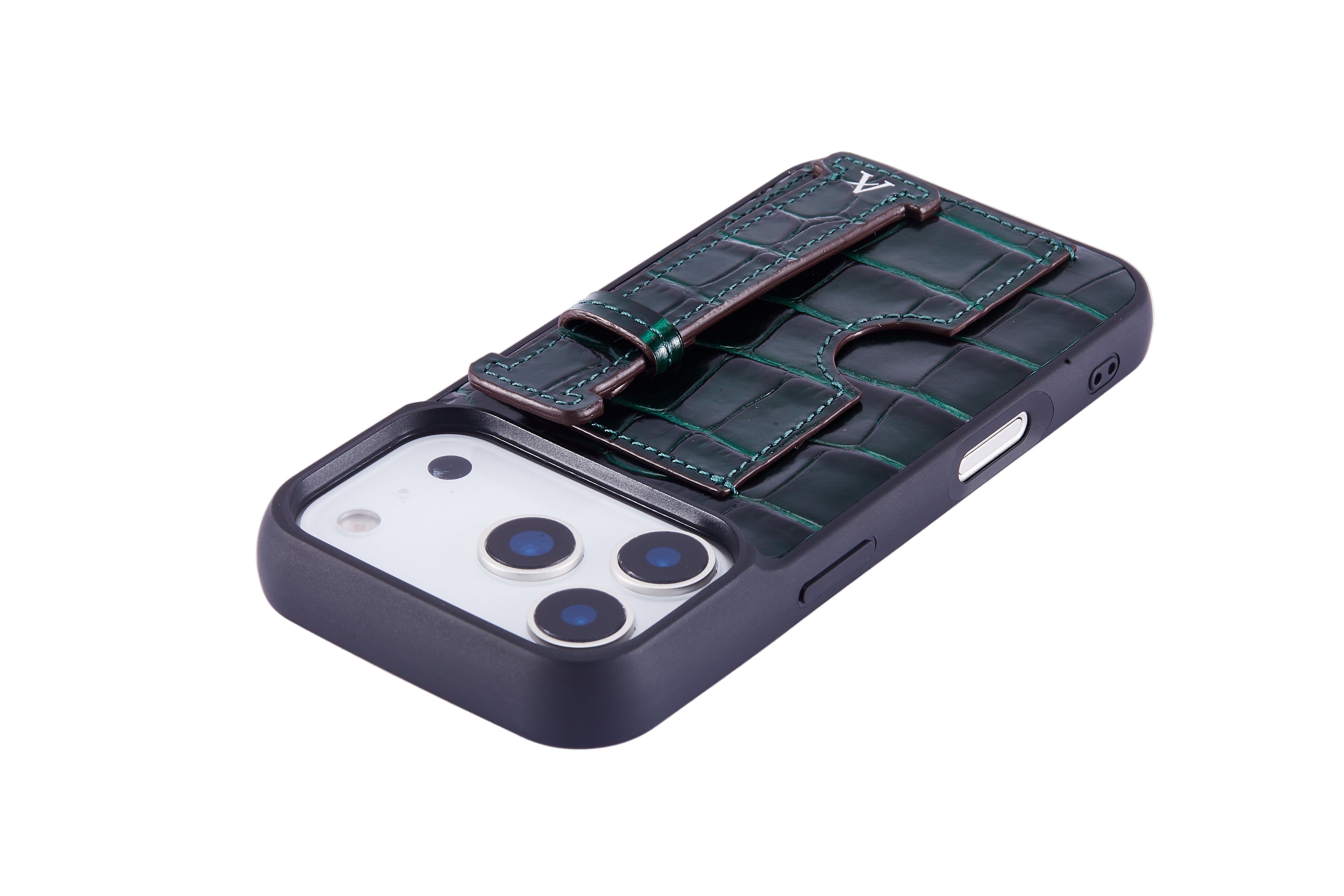 iPhone case with a green crocodile texture and card holder on a white background