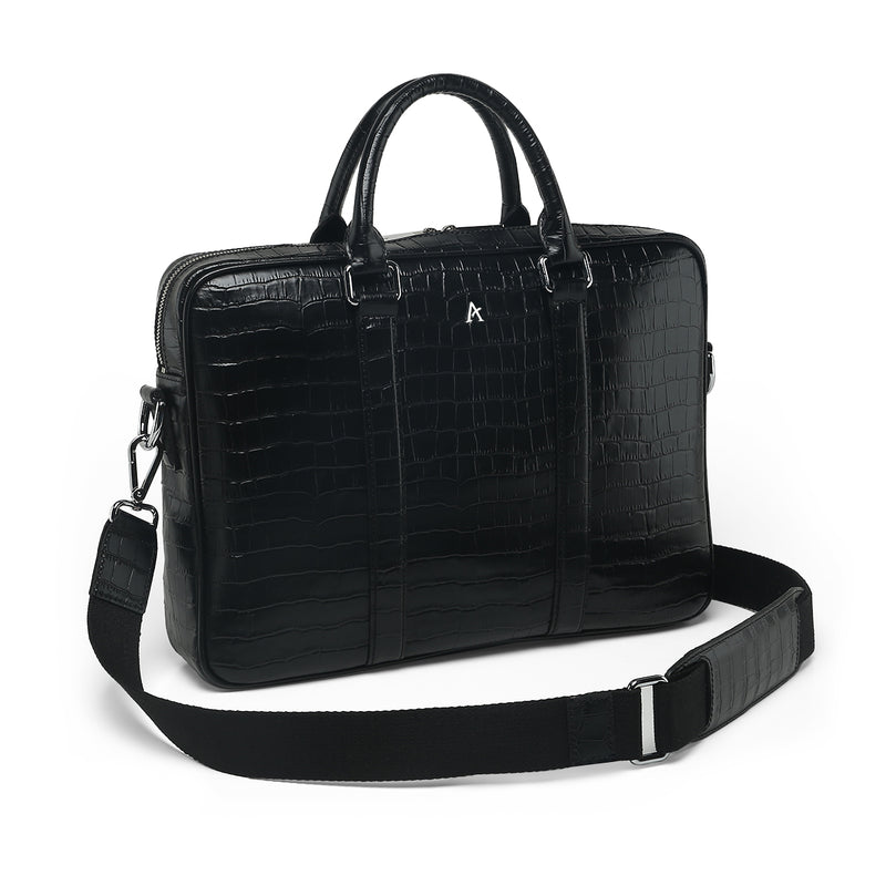 Leather Briefcase (Black Croc) - Affluent