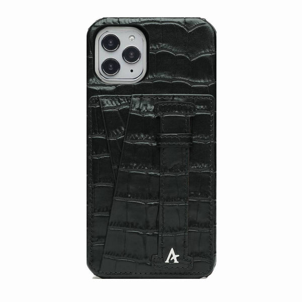 Leather iPhone 11 Pro Card Slot Finger Loop Case (Croc) - Affluent