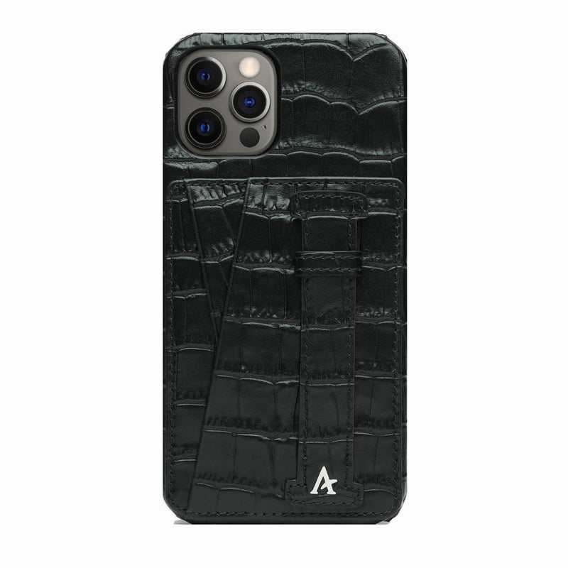 Leather iPhone 12 Pro Max Card Slot Finger Loop Case (Croc) - Affluent