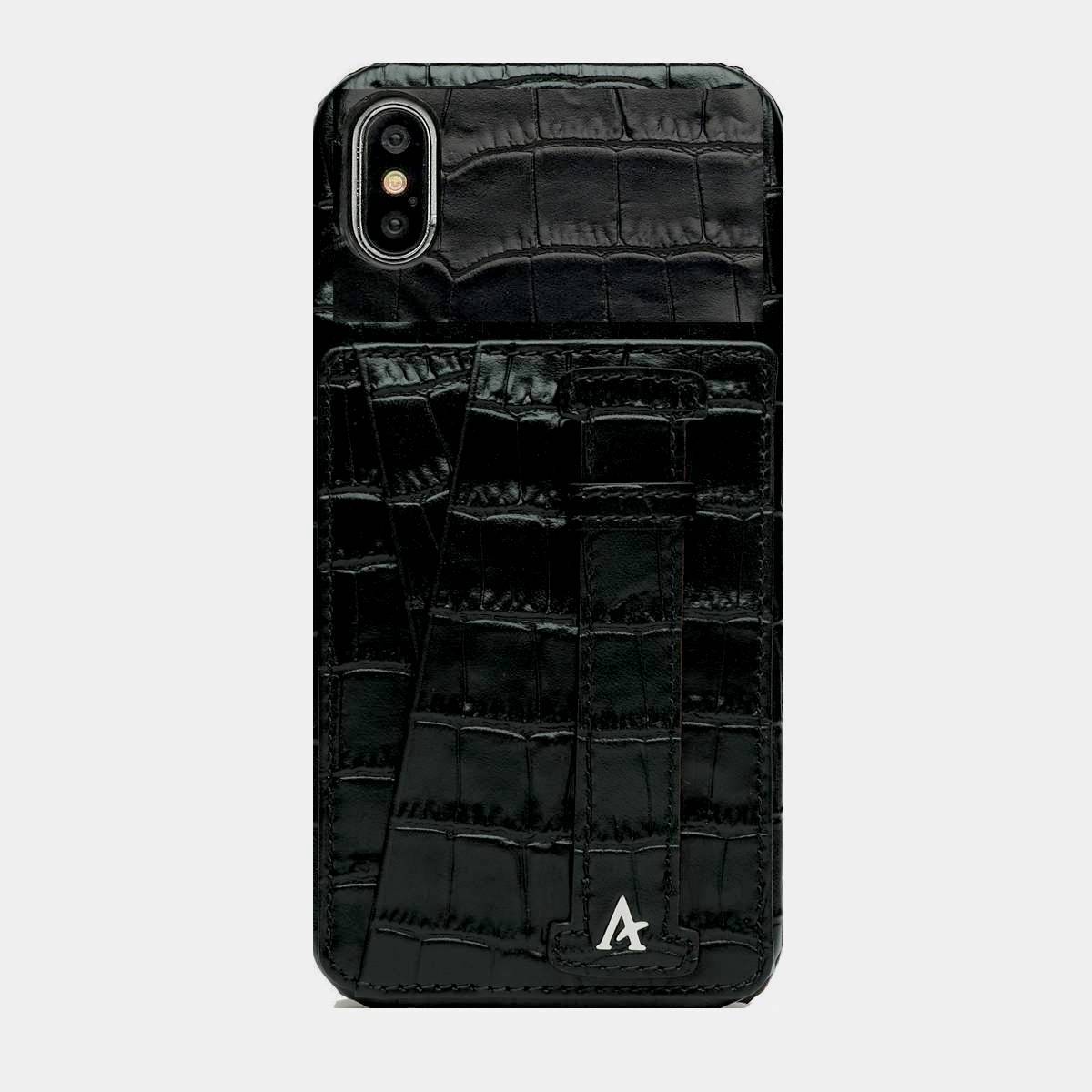 Leather iPhone XS Max Card Slot Finger Loop Case (Croc) - Affluent