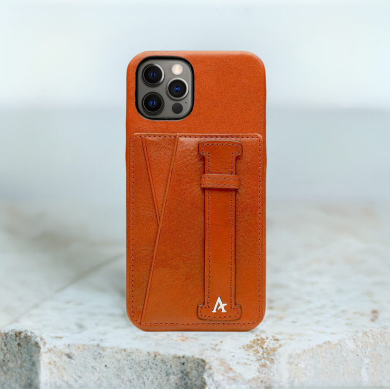 Leather iPhone 12/12 Pro Card Holder Finger Loop Case (Natural) - Affluent