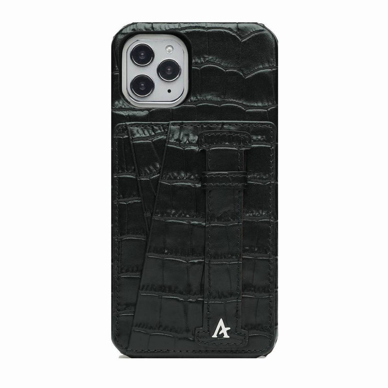 Leather iPhone 11 Pro Card Slot Finger Loop Case (Croc) - Affluent