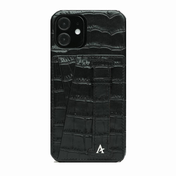 Leather iPhone 12 Mini Card Slot Finger Loop Case (Croc) - Affluent