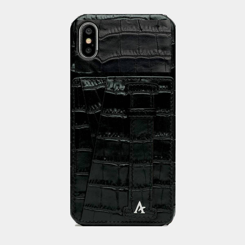 Leather iPhone XS Max Card Slot Finger Loop Case (Croc) - Affluent