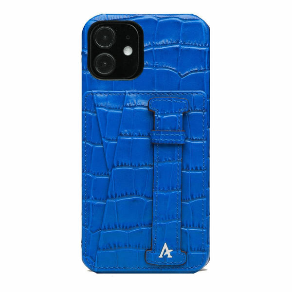 Leather iPhone 12 Mini Card Slot Finger Loop Case (Croc) - Affluent