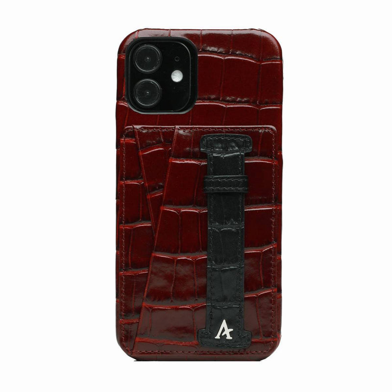 Leather iPhone 12 Mini Card Slot Finger Loop Case (Croc) - Affluent