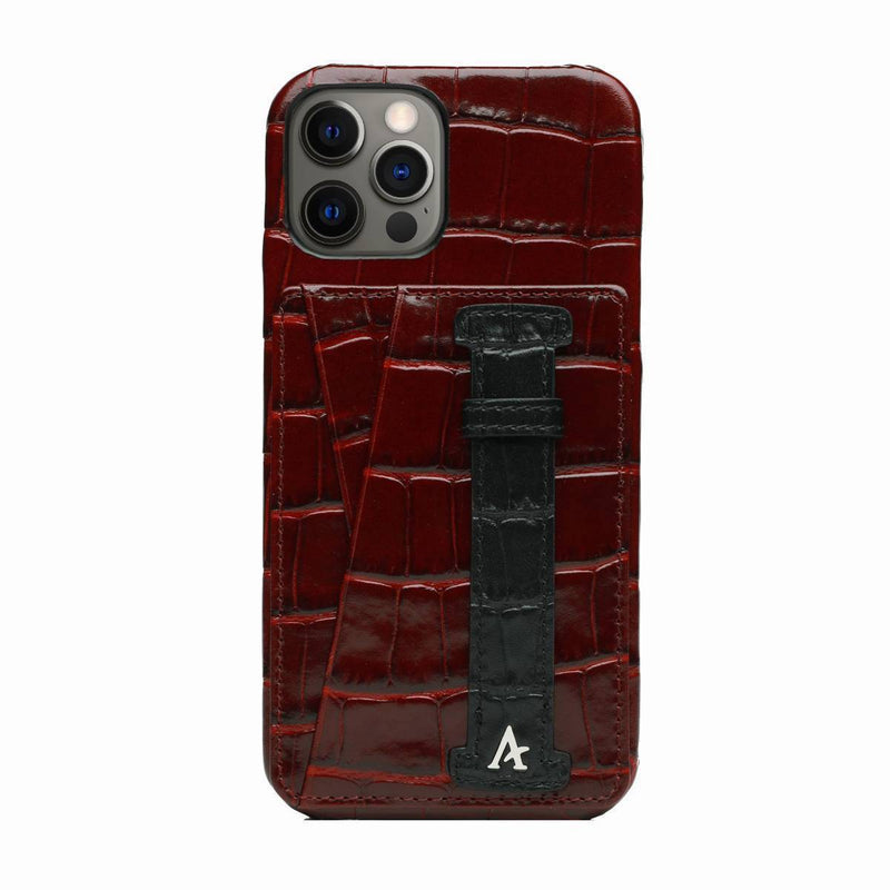 Leather iPhone 12 Pro Max Card Slot Finger Loop Case (Croc) - Affluent