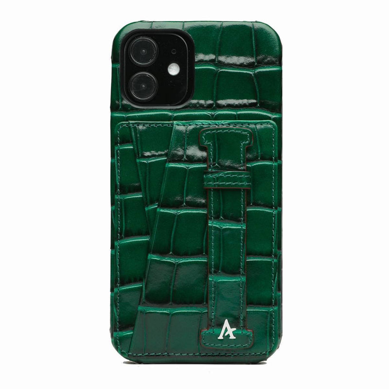 Leather iPhone 12 Mini Card Slot Finger Loop Case (Croc) - Affluent