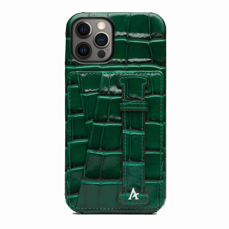 Leather iPhone 12 Pro Max Card Slot Finger Loop Case (Croc) - Affluent