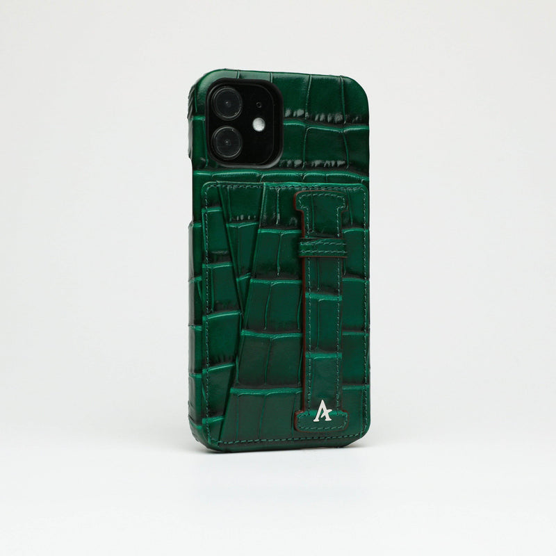 Leather iPhone 12 Mini Card Slot Finger Loop Case (Croc) - Affluent