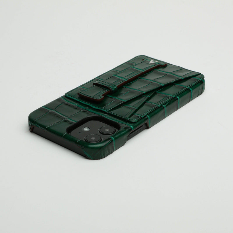 Leather iPhone 12 Mini Card Slot Finger Loop Case (Croc) - Affluent