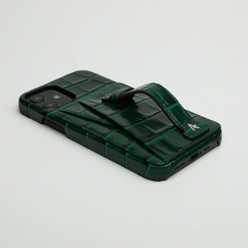 Leather iPhone 12 Mini Card Slot Finger Loop Case (Croc) - Affluent