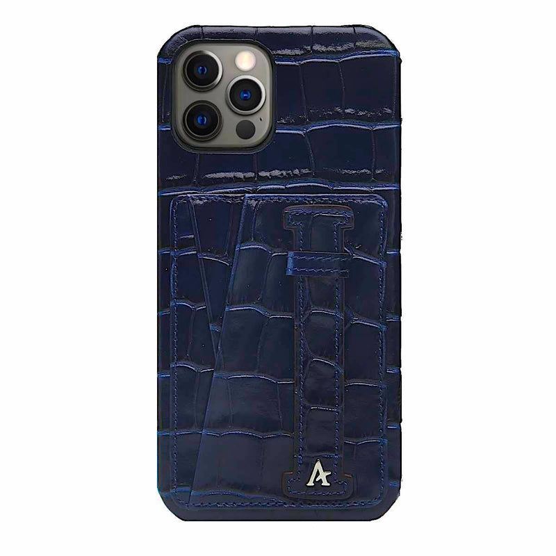 Leather iPhone 12 Pro Max Card Slot Finger Loop Case (Croc) - Affluent